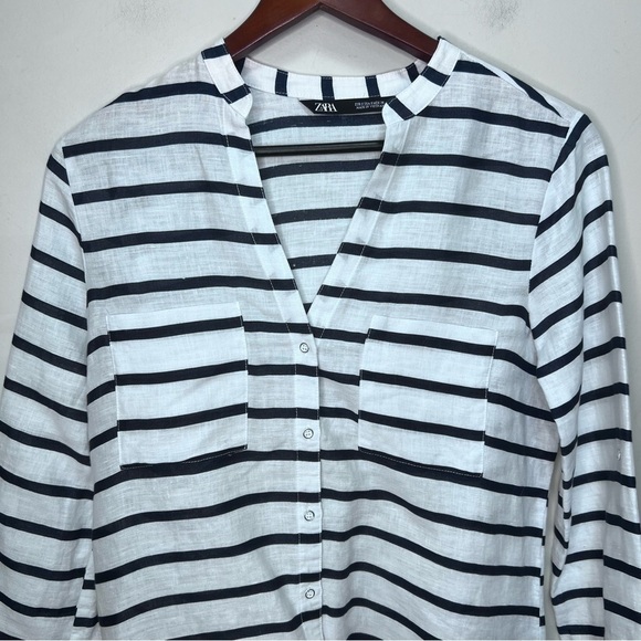 Zara Striped Blue & White Oversized Linen Shirt Size Small - Picture 2 of 8